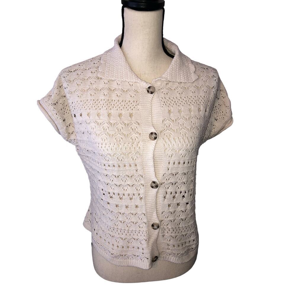 Crochet Sweater Size L Cream Short Sleeve Collar Button Front Cottagecore Cotton